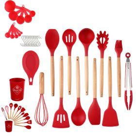 33pcs Set Wooden Handle Silicone Kitchen Utensils 33 Pieces Set Silicone Spoon Shovel Kitchen Gadgets Set Silicone Kitchen Utensils - Red