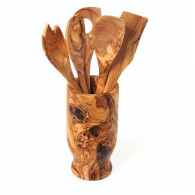 Olive Wood Kitchen Servers Set w/Holder -6 Pcs - As shown